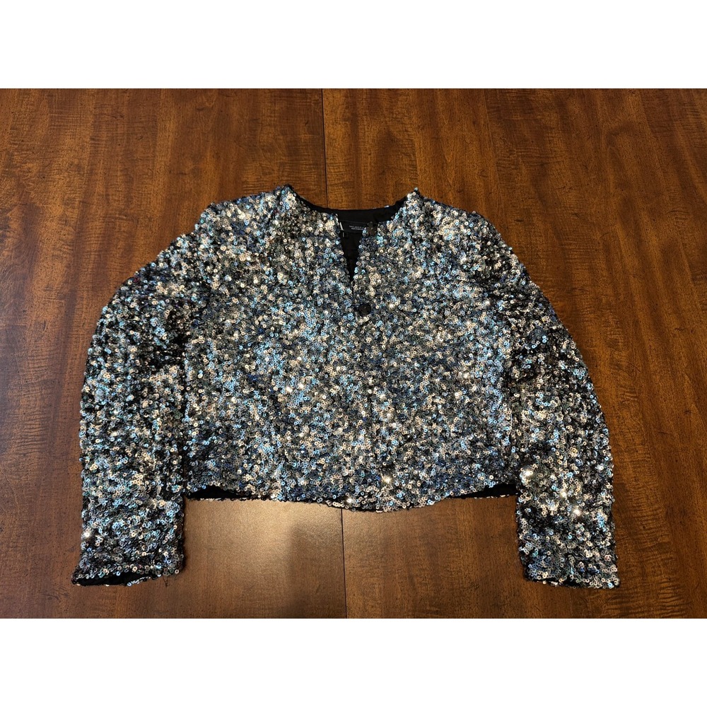 Zara Sequin Crop Top Womens S Silver Black Long Sleeve Square Neck NYE Party
